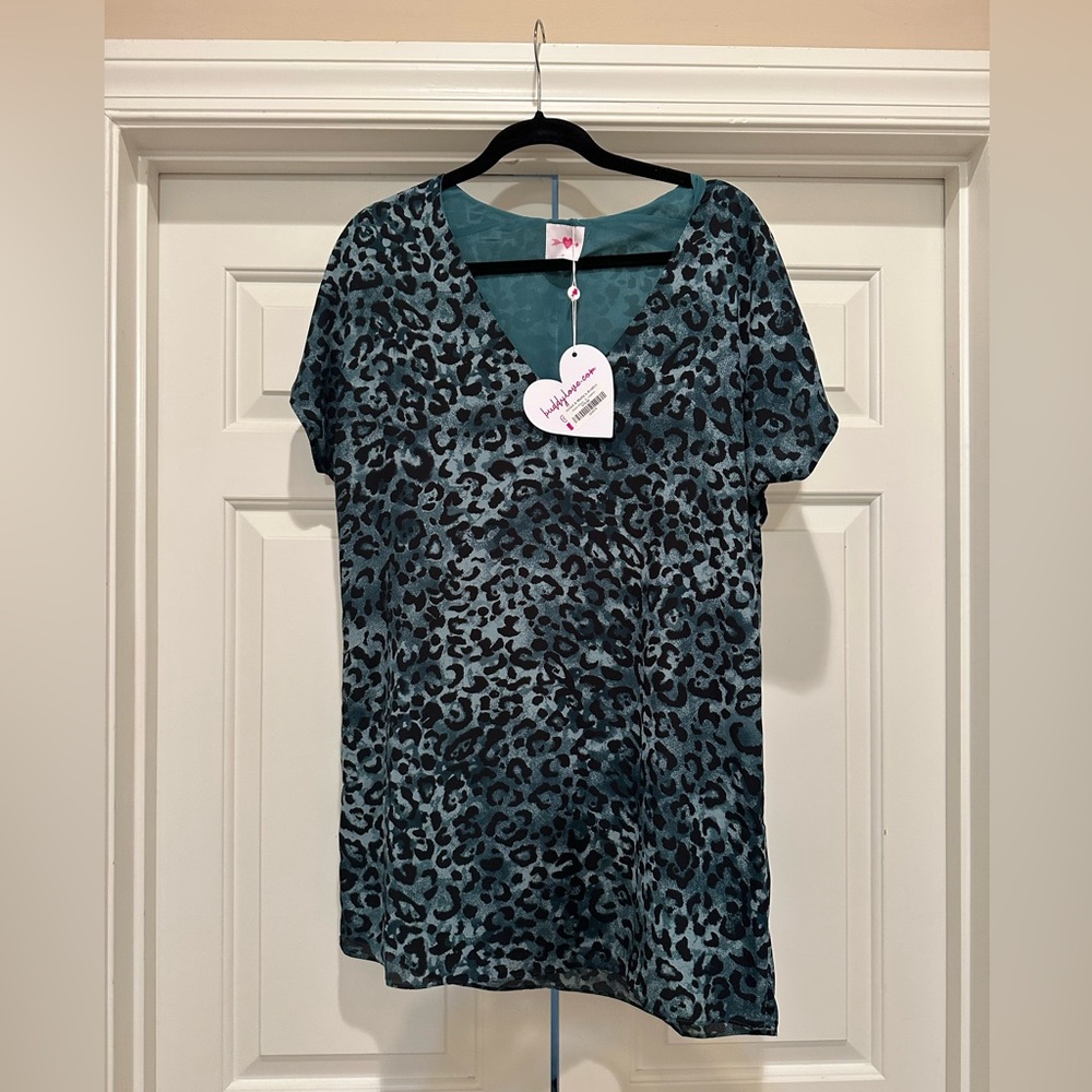 Short sleeve, green and black animal print dress
